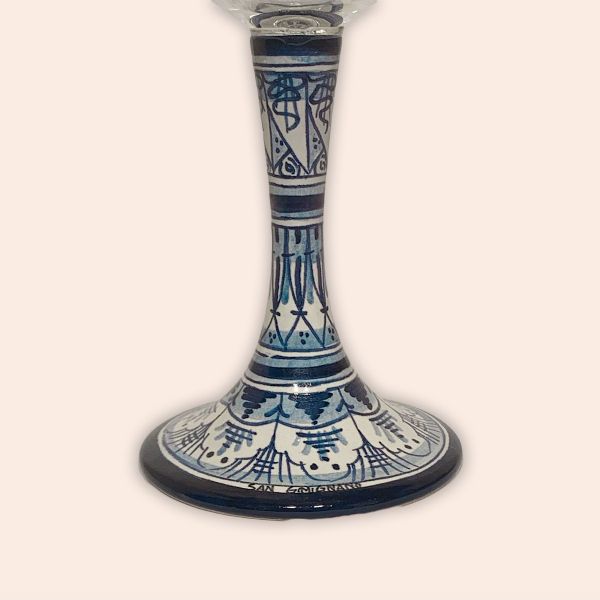 ELEGANT LEAD-FREE CRYSTAL GLASS WITH CERAMIC STEM:  GEOMETRIC DESIGN IN BLUE AND WHITE cm.23h